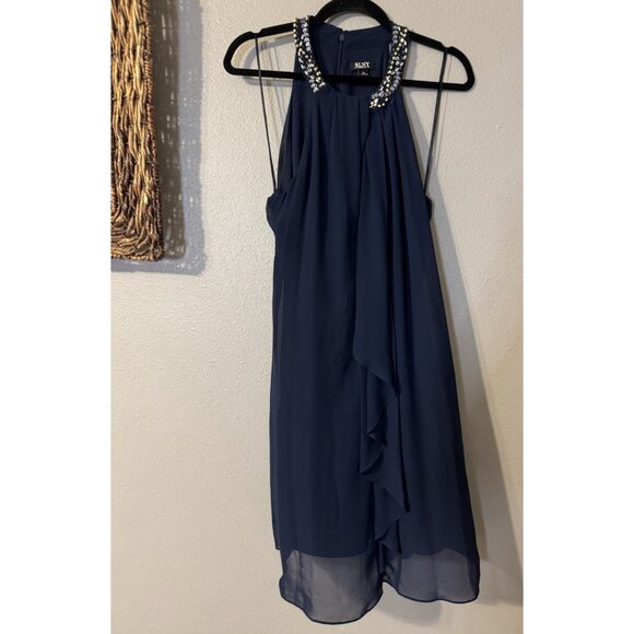 SLNY Evenings 14 Dress Blue Crystal Crew Neck Wedding Cruise Party Event NEW - Picture 10 of 13